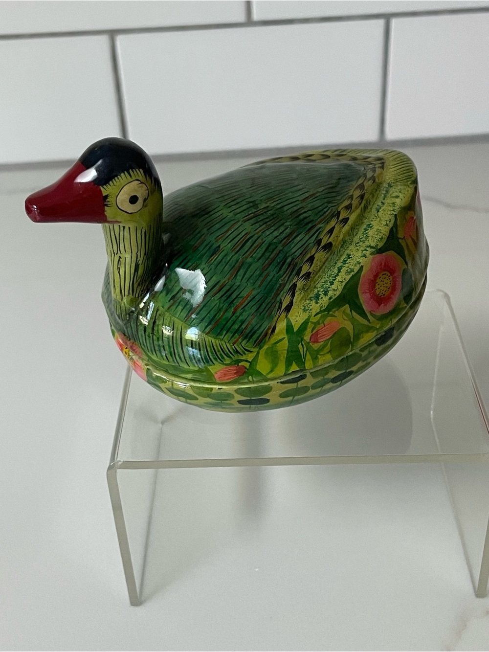 Vintage MCM Handmade Duck Trinket Box With Floral Motif